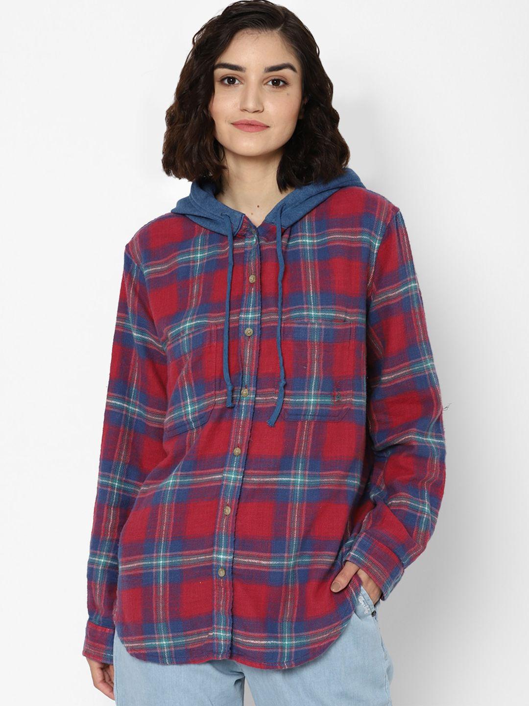 american eagle outfitters women red & blue pure cotton checked hooded casual shirt