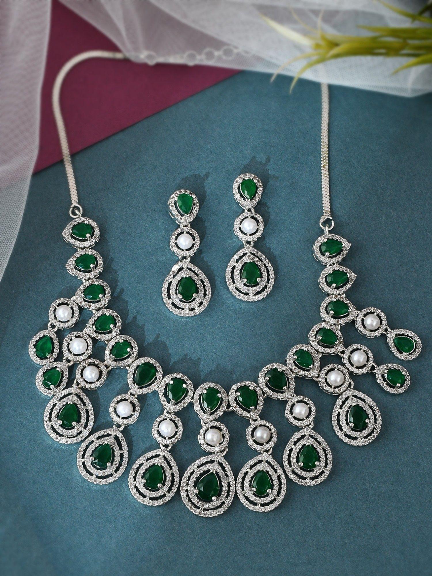 american diamond green heavy ethnic jewellery set