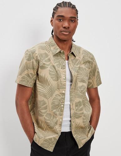 american eagle men beige tropical button-up resort shirt