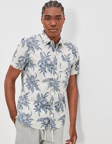 american eagle men beige tropical button-up resort shirt