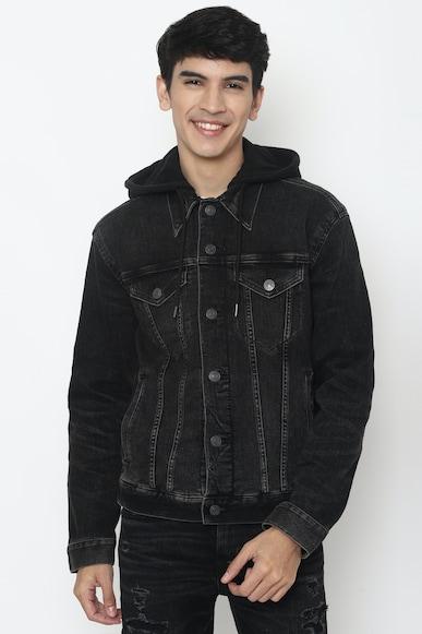 american eagle men black hooded denim jacket