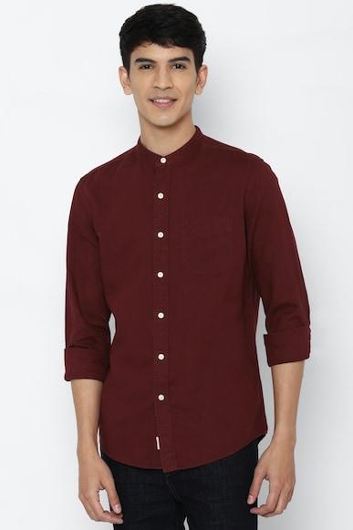 american eagle men burgundy band collar linen button-up shirt