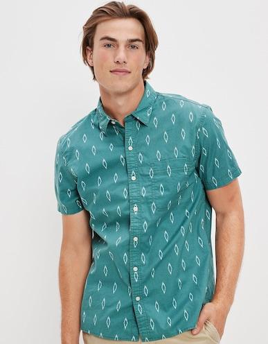american eagle men green printed button-up resort shirt