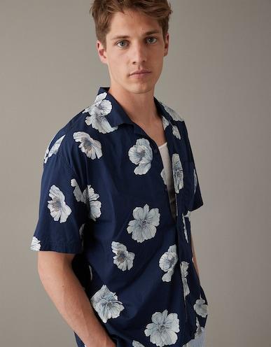 american eagle men navy tropical button-up poolside shirt