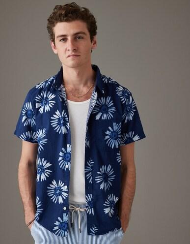 american eagle men navy tropical button-up resort shirt