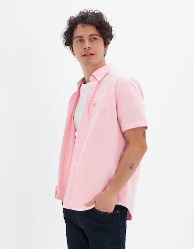 american eagle men pink short-sleeve everyday oxford button-up shirt