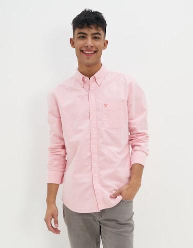 american eagle men pink slim fit solid oxford button-up shirt