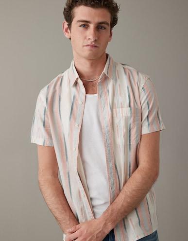 american eagle men pink striped button-up resort shirt