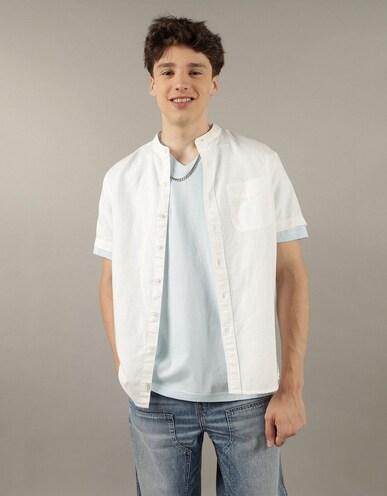 american eagle men white short-sleeve band collar linen button-up shirt