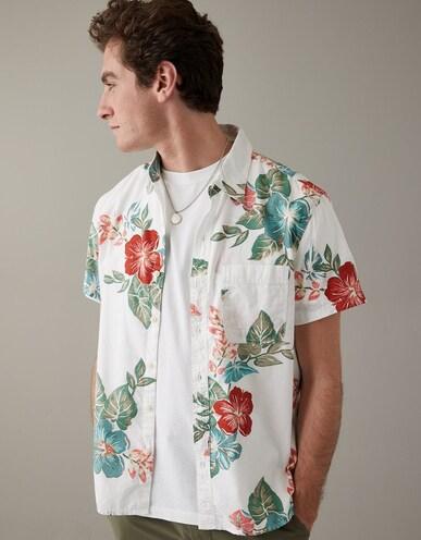 american eagle men white tropical button-up resort shirt