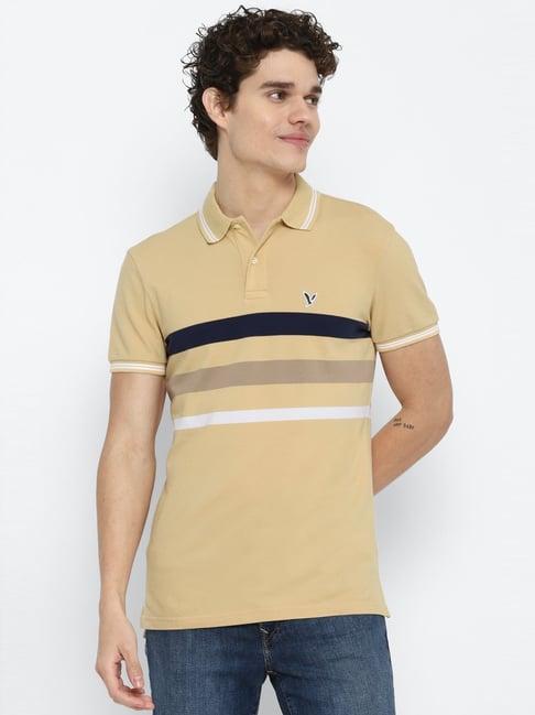 american eagle outfitters beige cotton regular fit striped polo t-shirt
