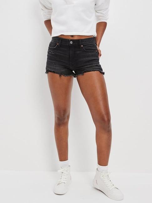 american eagle outfitters black cotton distressed denim shorts