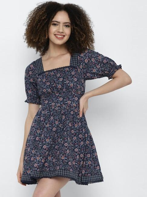 american eagle outfitters blue cotton floral print a-line dress