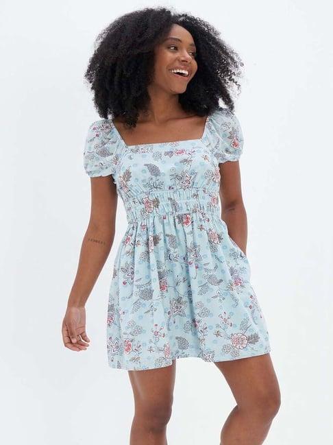 american eagle outfitters blue cotton printed a-line dress