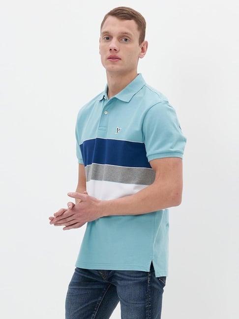 american eagle outfitters blue cotton regular fit striped polo t-shirt