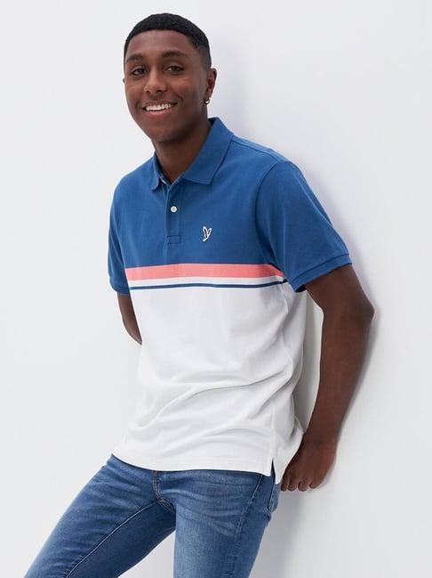 american eagle outfitters blue regular fit colour block polo t-shirt