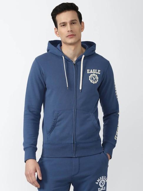 american eagle outfitters blue regular fit printed hooded sweatshirt