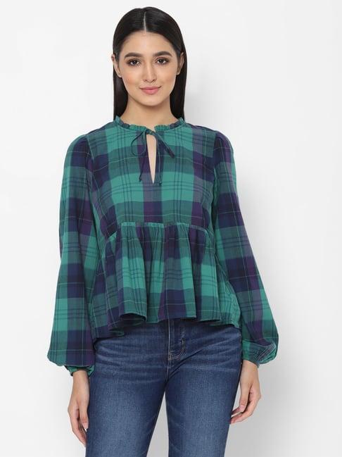 american eagle outfitters green & blue cotton chequered top