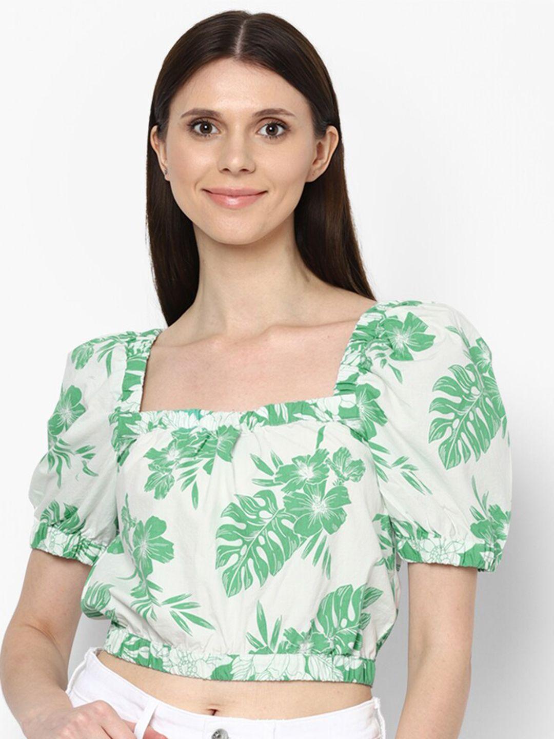 american eagle outfitters green & white tropical print pure cotton blouson crop top