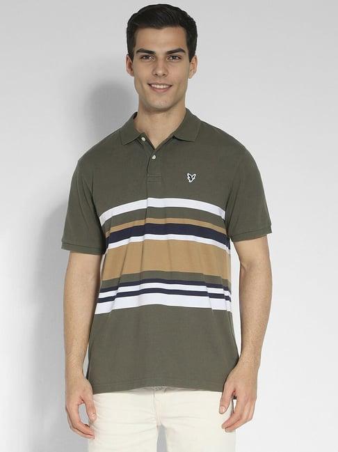 american eagle outfitters green cotton regular fit striped polo t-shirt