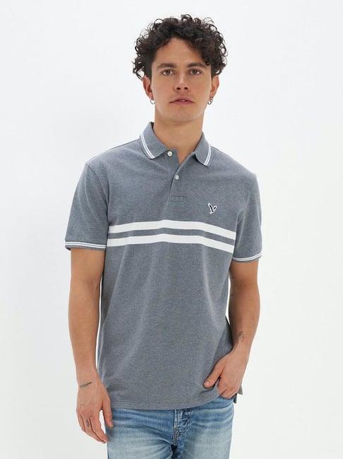 american eagle outfitters grey cotton regular fit striped polo t-shirt