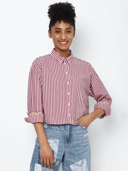 american eagle outfitters maroon & white striped crop shirt