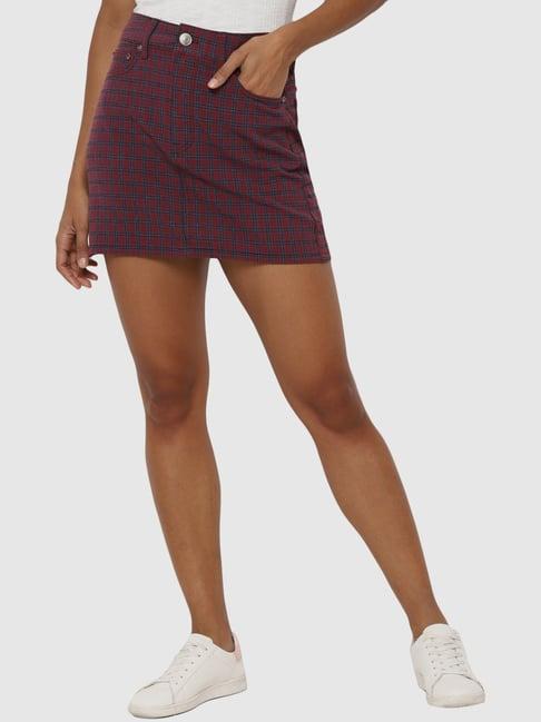 american eagle outfitters maroon chequered a-line skirt