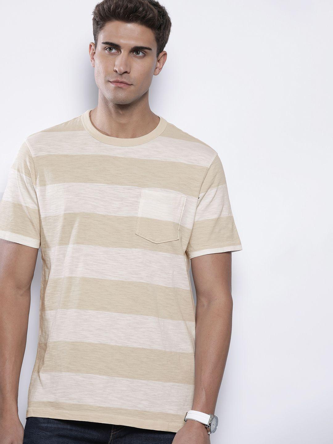 american eagle outfitters men beige & off white striped pure cotton t-shirt