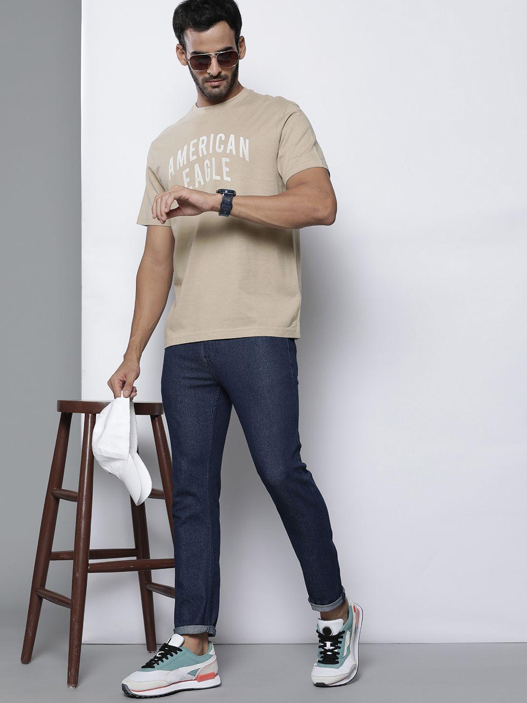 american eagle outfitters men beige brand logo printed pure cotton standard fit t-shirt