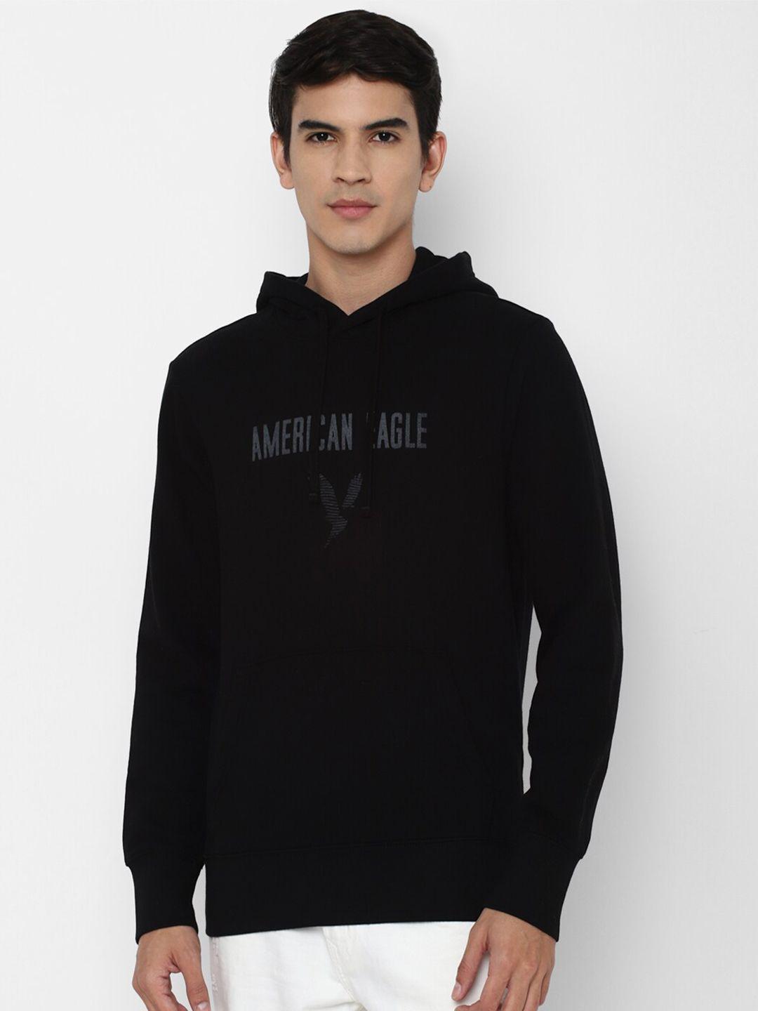 american eagle outfitters men black printed hooded sweatshirt