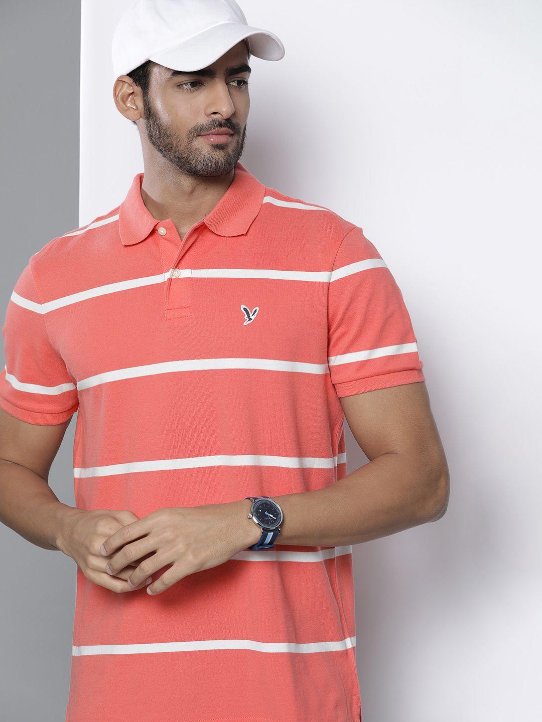 american eagle outfitters men coral pink & white striped polo collar t-shirt