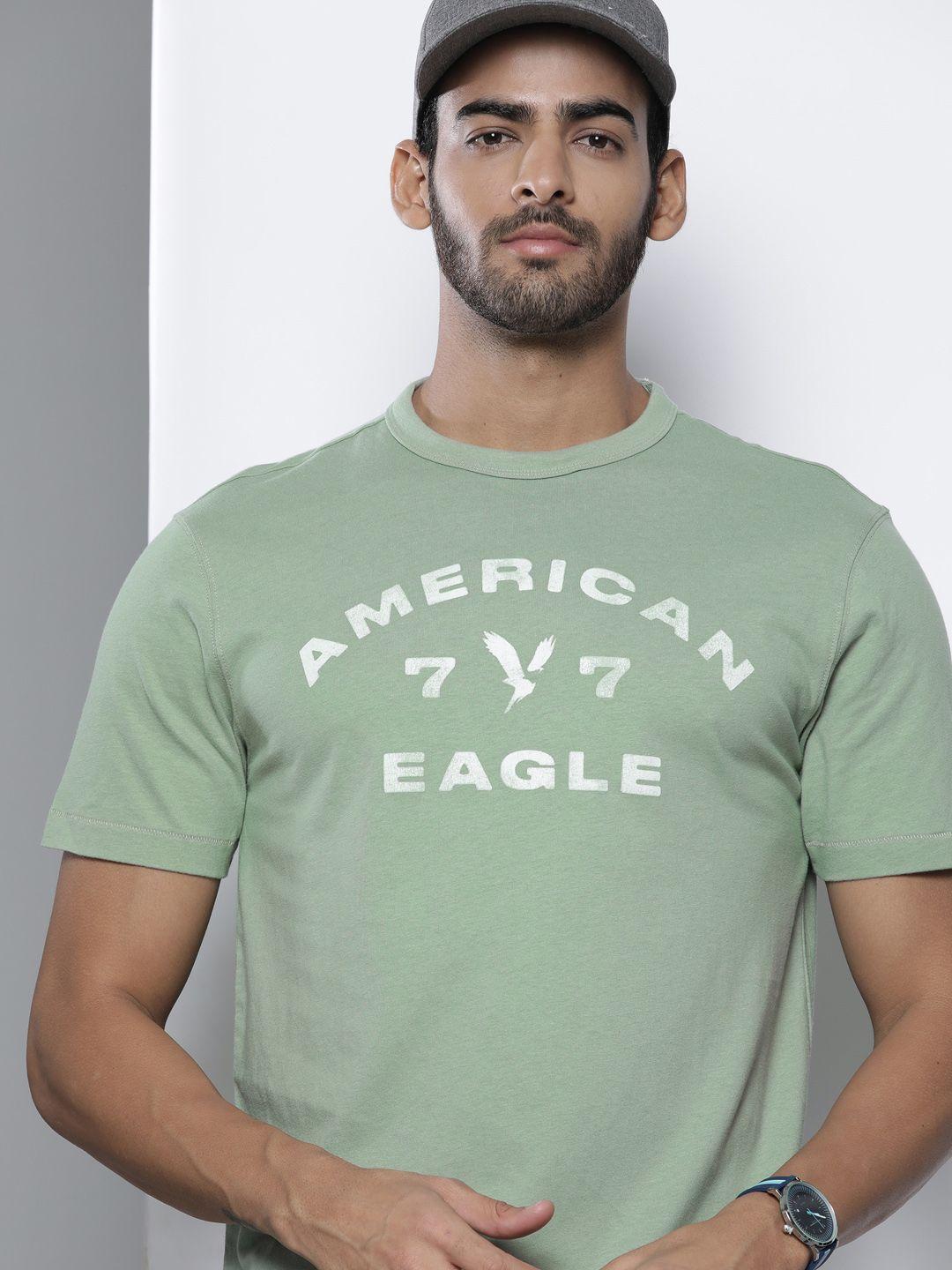 american eagle outfitters men green & white brand logo printed pure cotton t-shirt