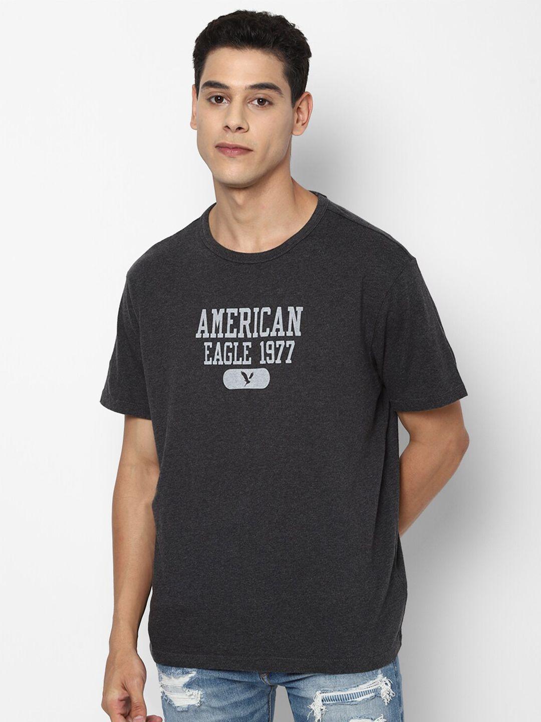 american eagle outfitters men grey & white brand logo printed slim fit pure cotton t-shirt