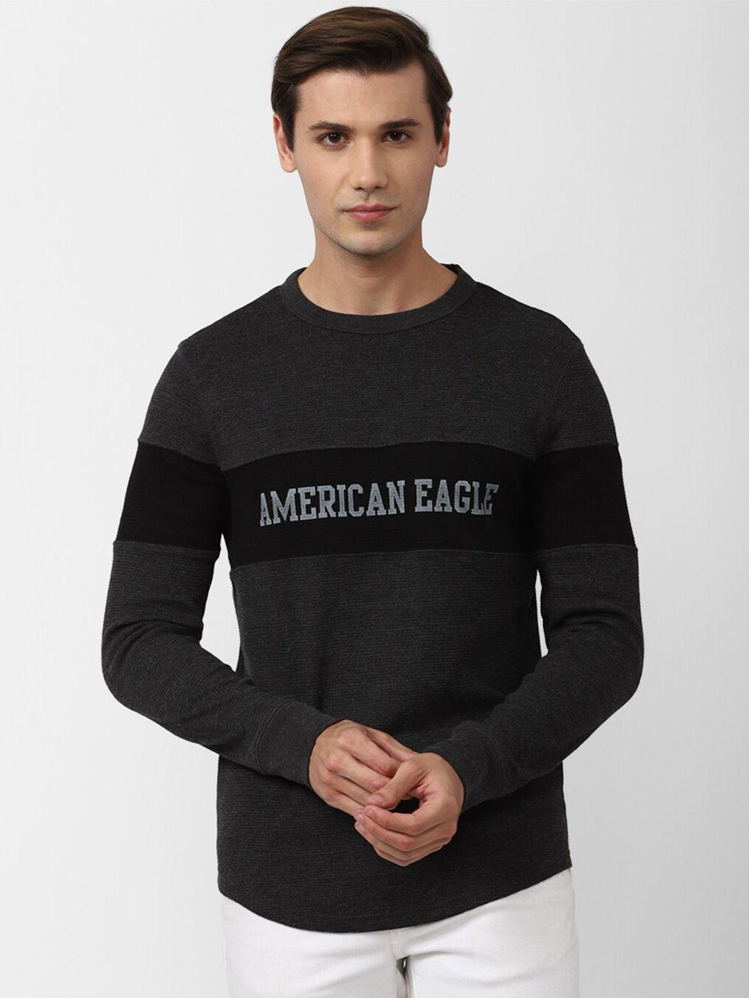 american eagle outfitters men grey melange brand logo printed t-shirt