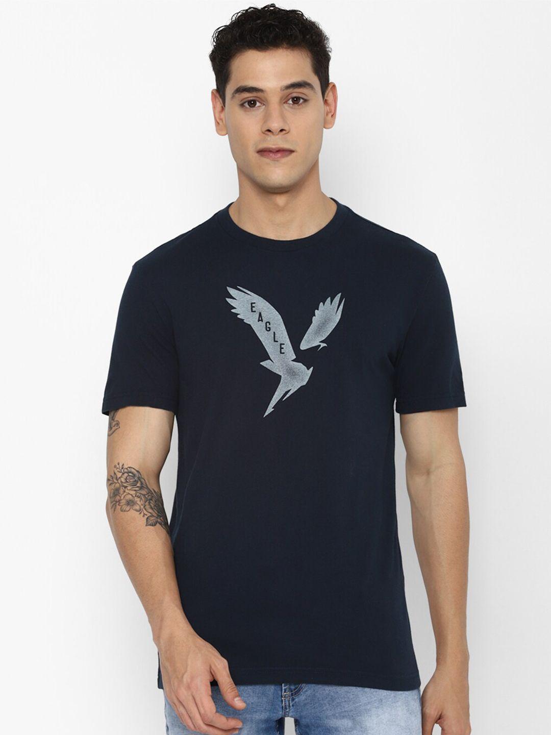 american eagle outfitters men navy blue printed raw edge t-shirt