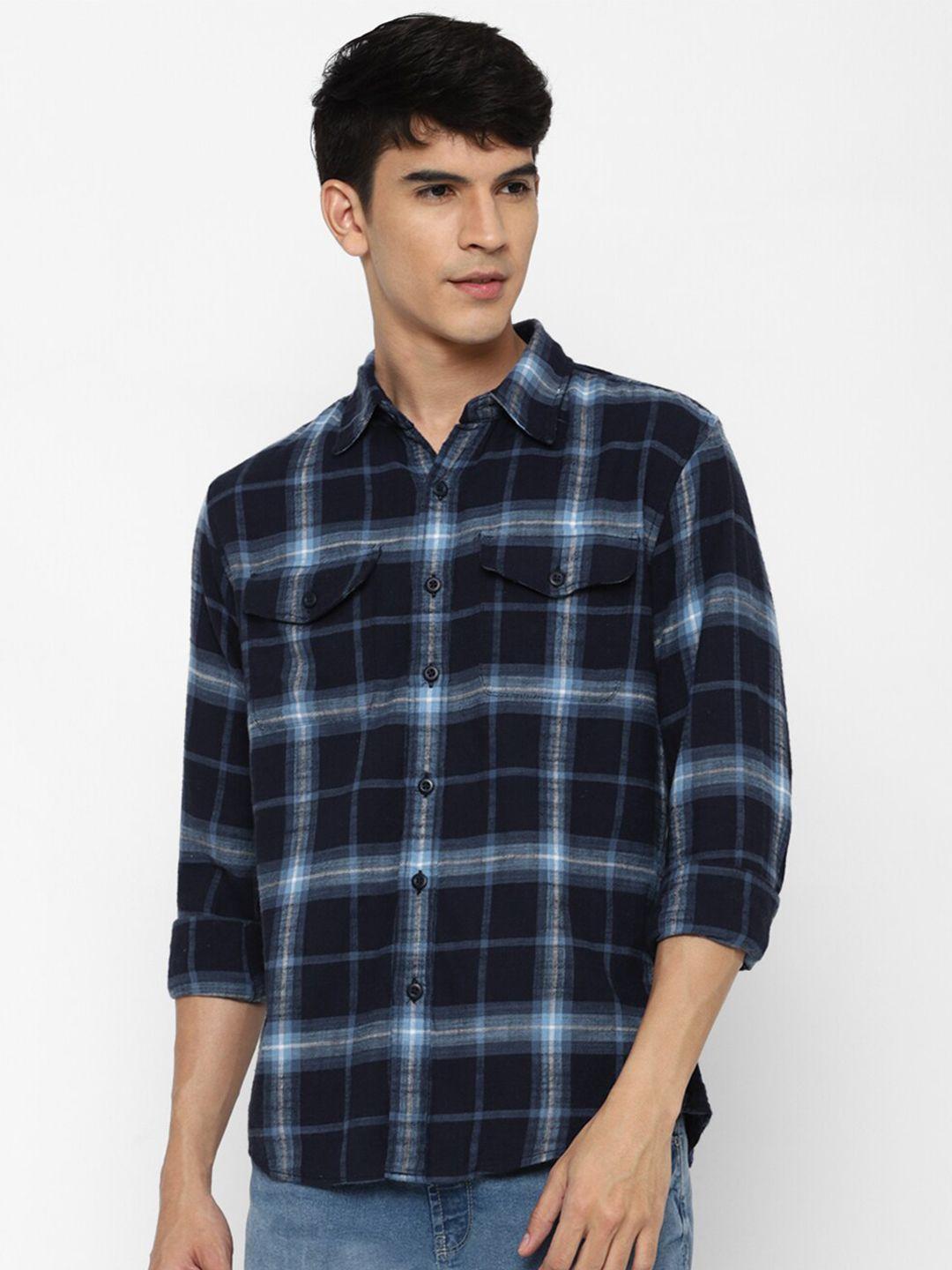 american eagle outfitters men navy blue tartan checked pure cotton casual shirt