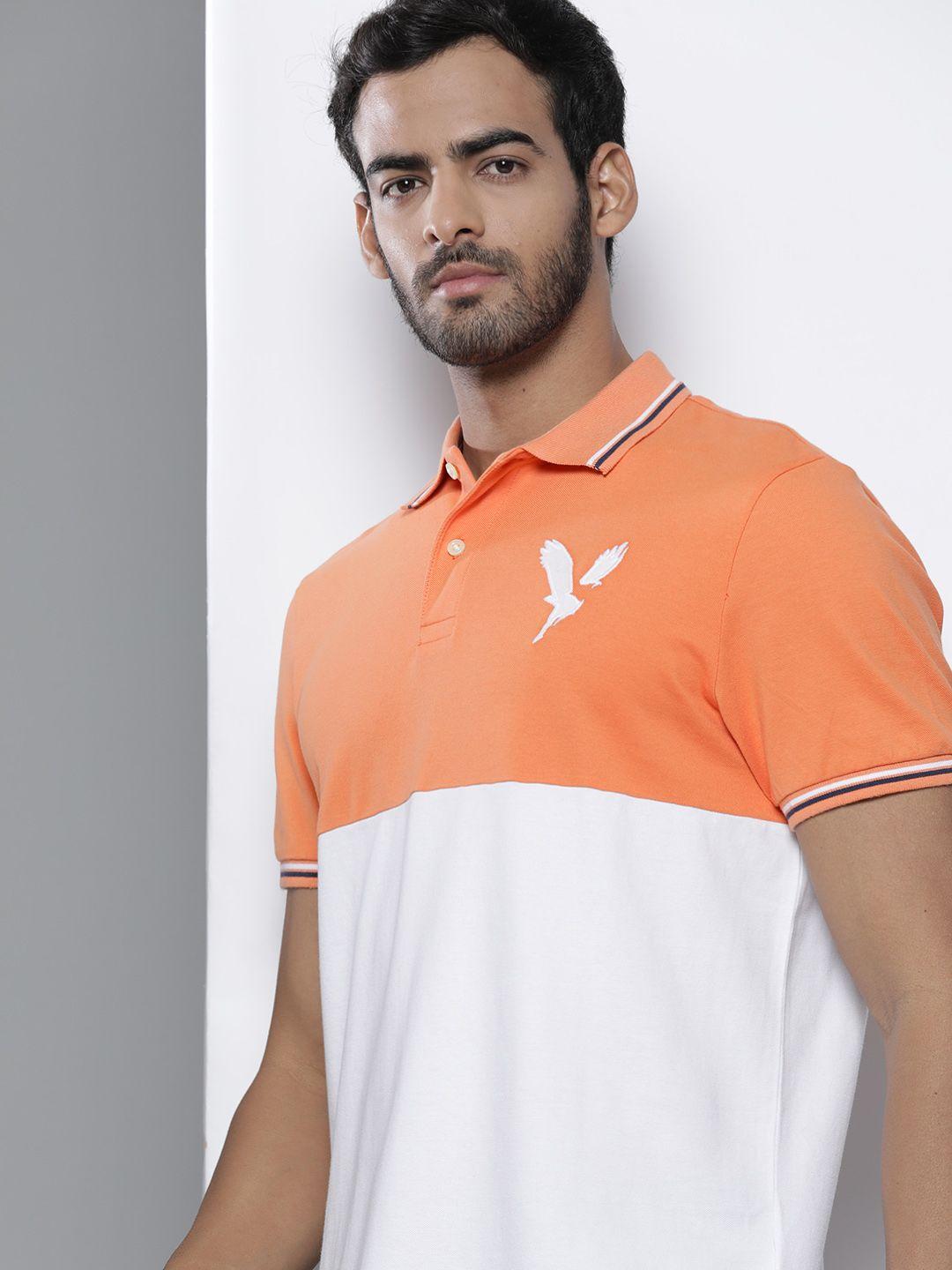 american eagle outfitters men orange & white colourblocked polo collar t-shirt