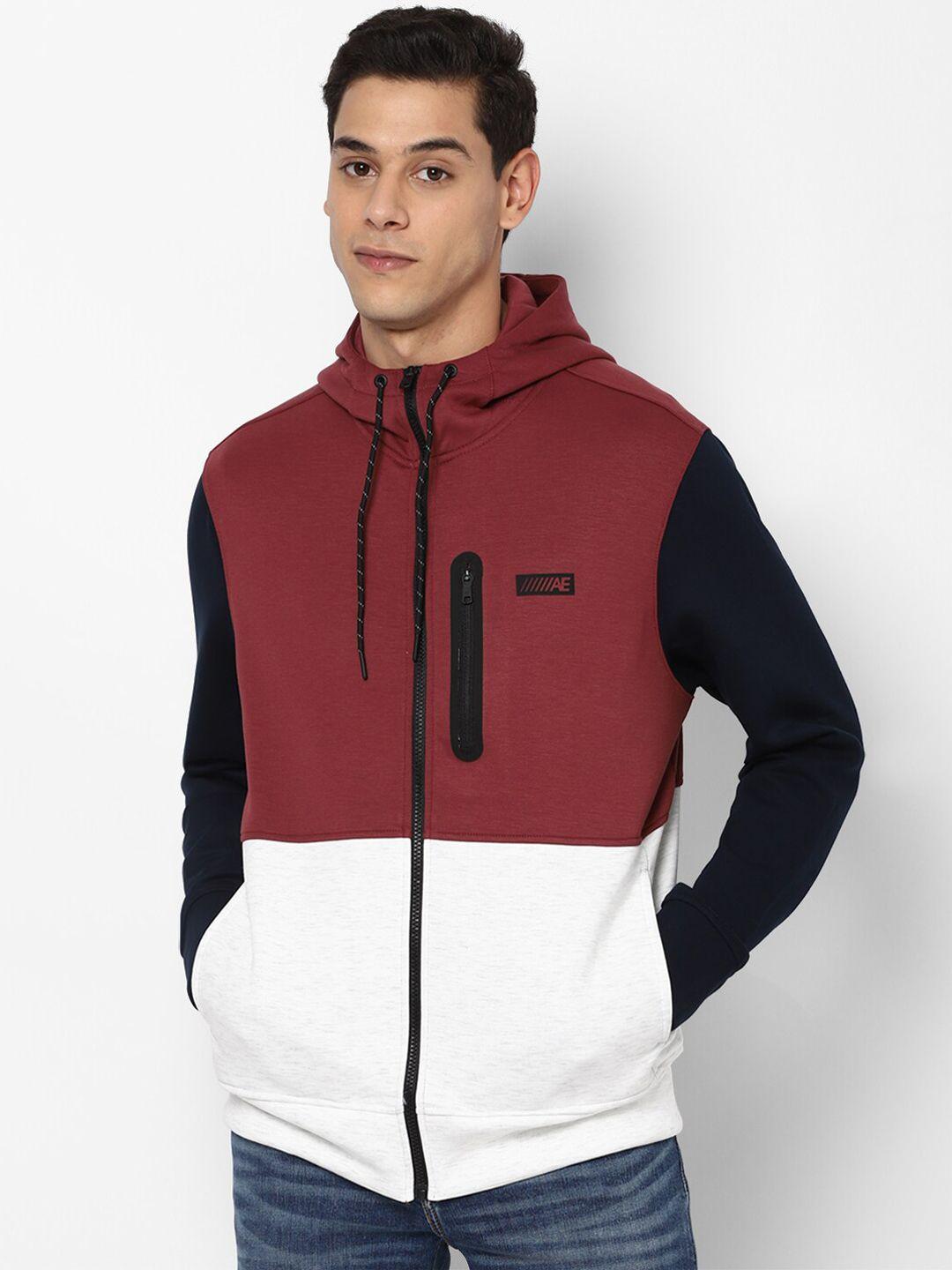american eagle outfitters men red colourblocked hooded sweatshirt