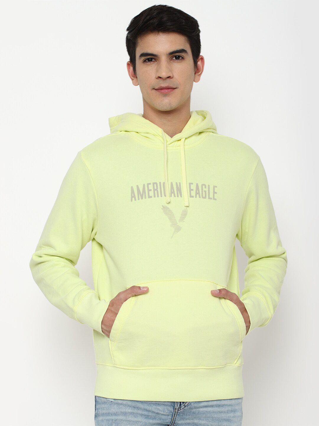 american eagle outfitters men yellow printed hooded sweatshirt