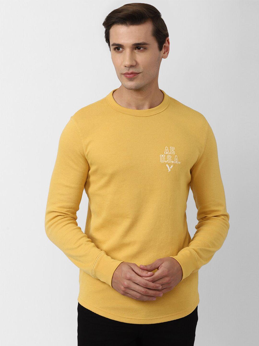 american eagle outfitters men yellow solid round neck cotton t-shirt