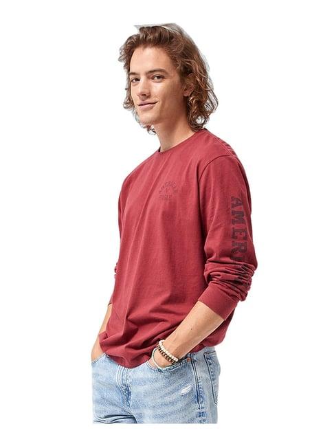 american eagle outfitters red cotton regular fit logo printed t-shirt