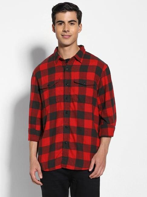 american eagle outfitters red regular fit checks shirt