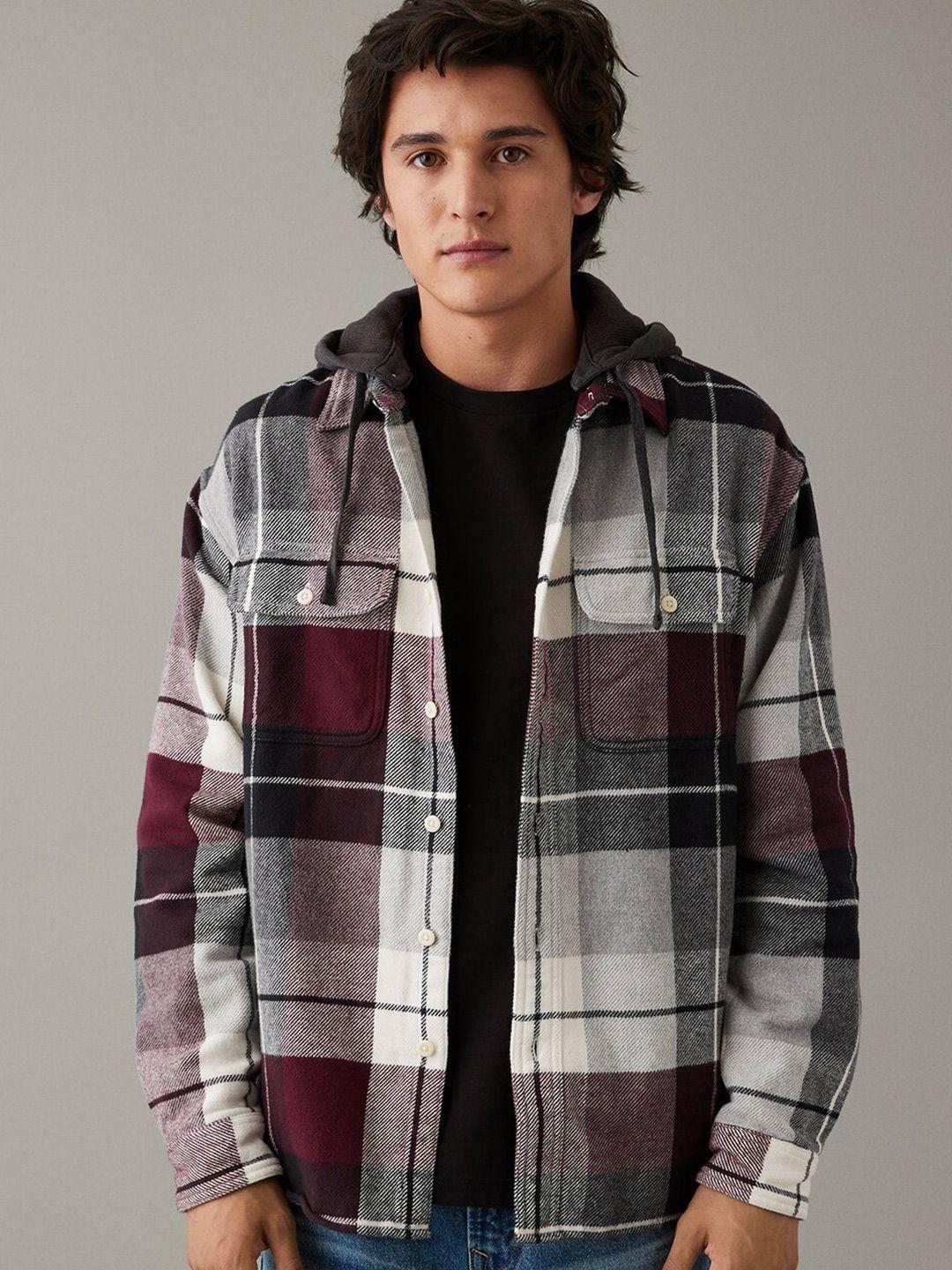 american eagle outfitters tartan checked hooded flannel pure cotton casual shirt