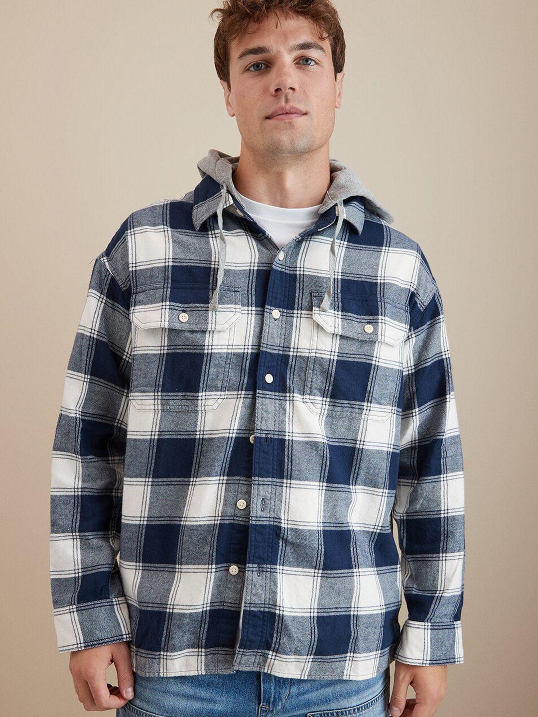 american eagle outfitters tartan checks checked hooded pure cotton casual shirt