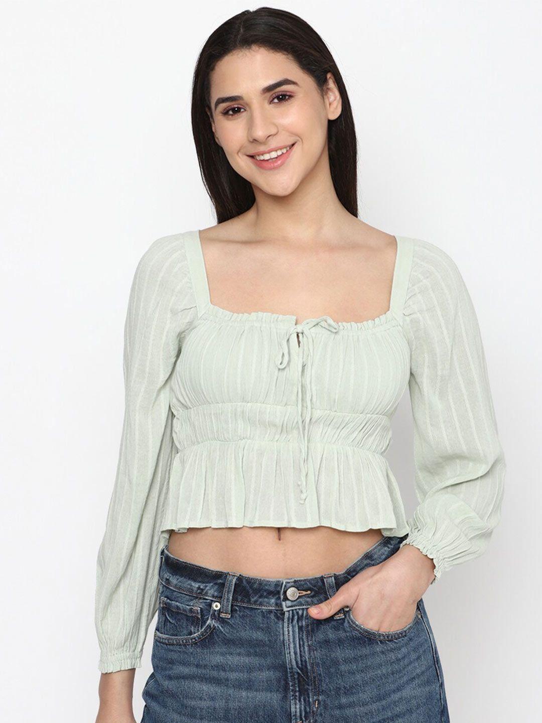 american eagle outfitters tie-up neck puff sleeves striped crop cinched waist top