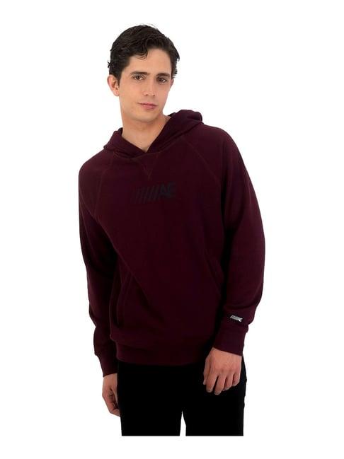 american eagle outfitters wine regular fit logo printed hooded sweatshirt