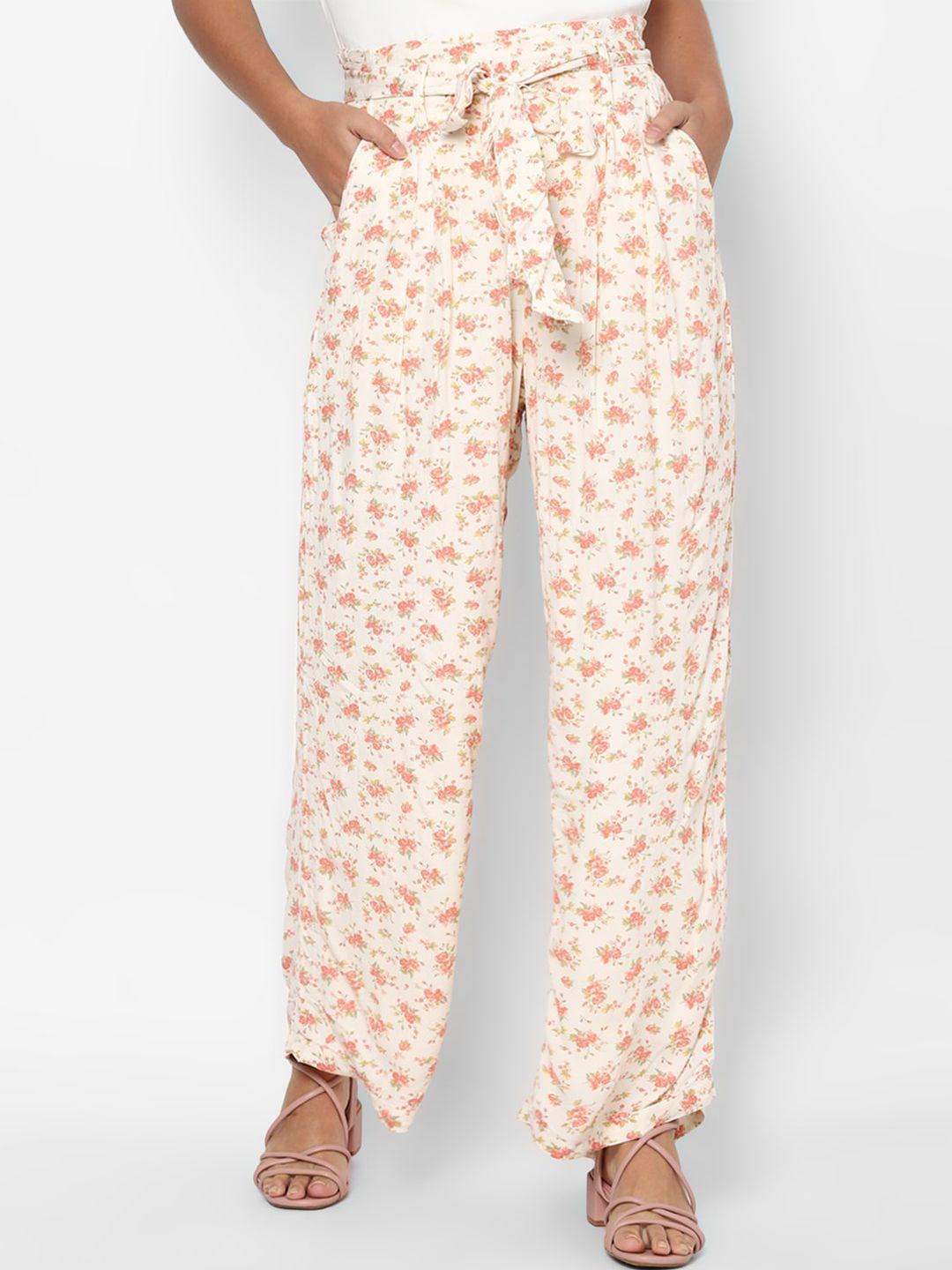 american eagle outfitters women beige floral printed parallel trousers