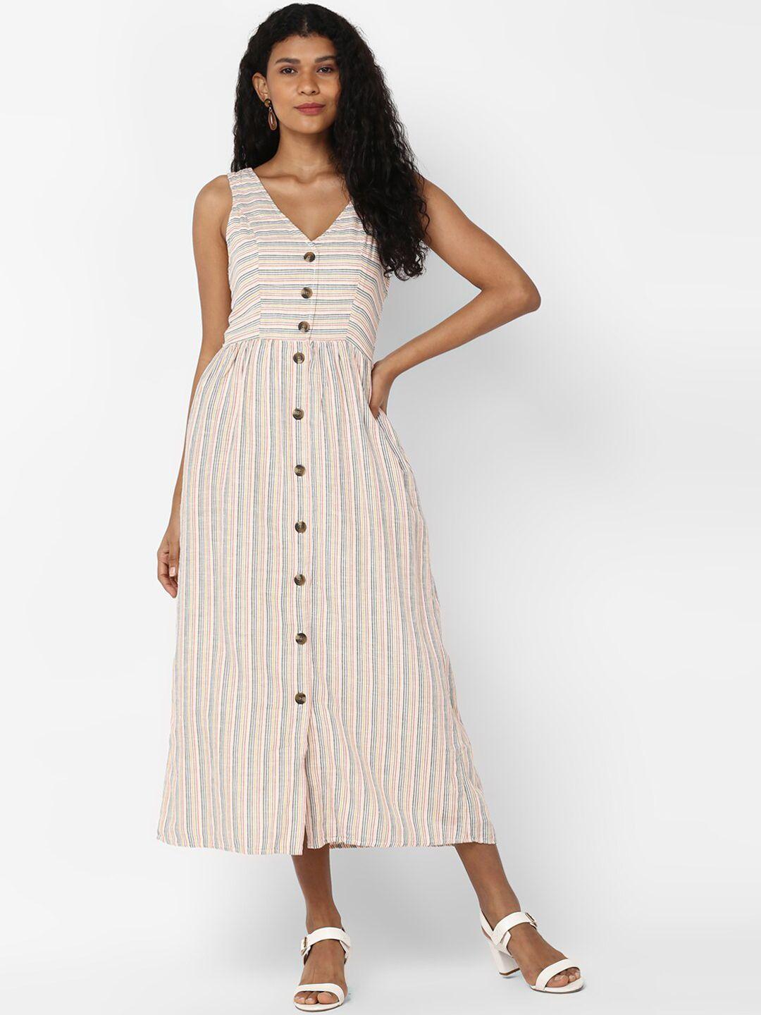 american eagle outfitters women beige striped fit and flare dress