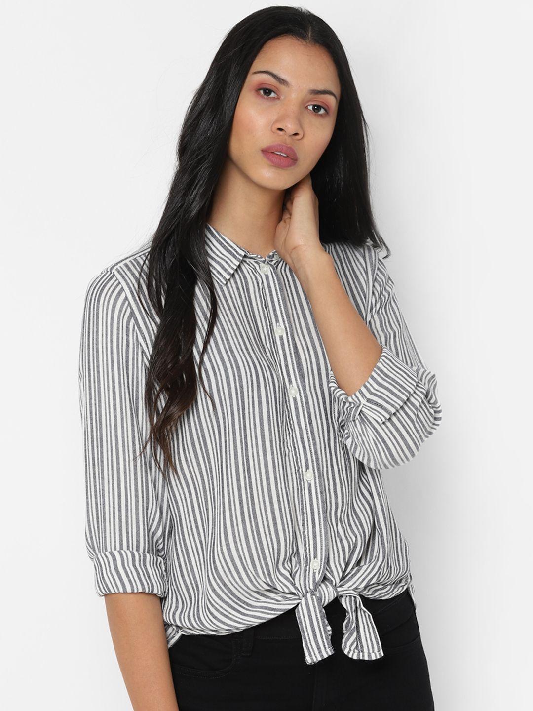 american eagle outfitters women black & white striped casual shirt