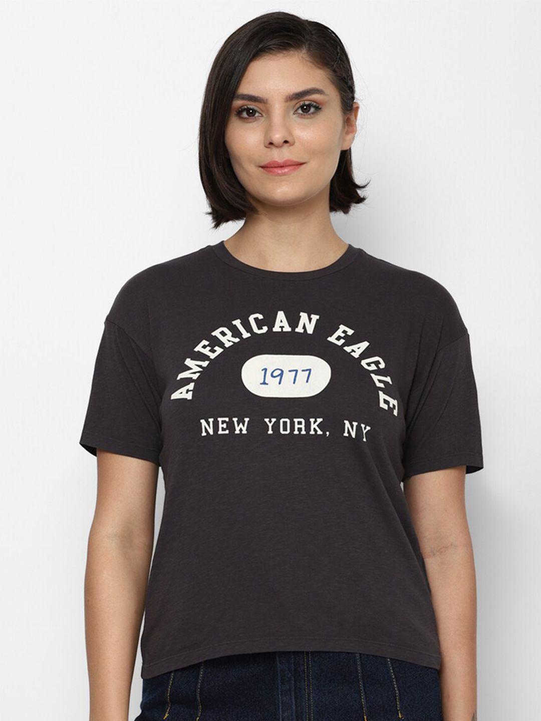 american eagle outfitters women black & white typography printed t-shirt